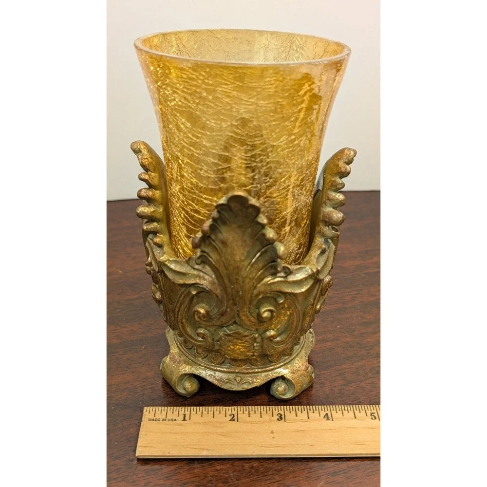 Vintage Ornate Gold Tone Vase Amber Crackle Glass Baroque Hollywood Regency 7
